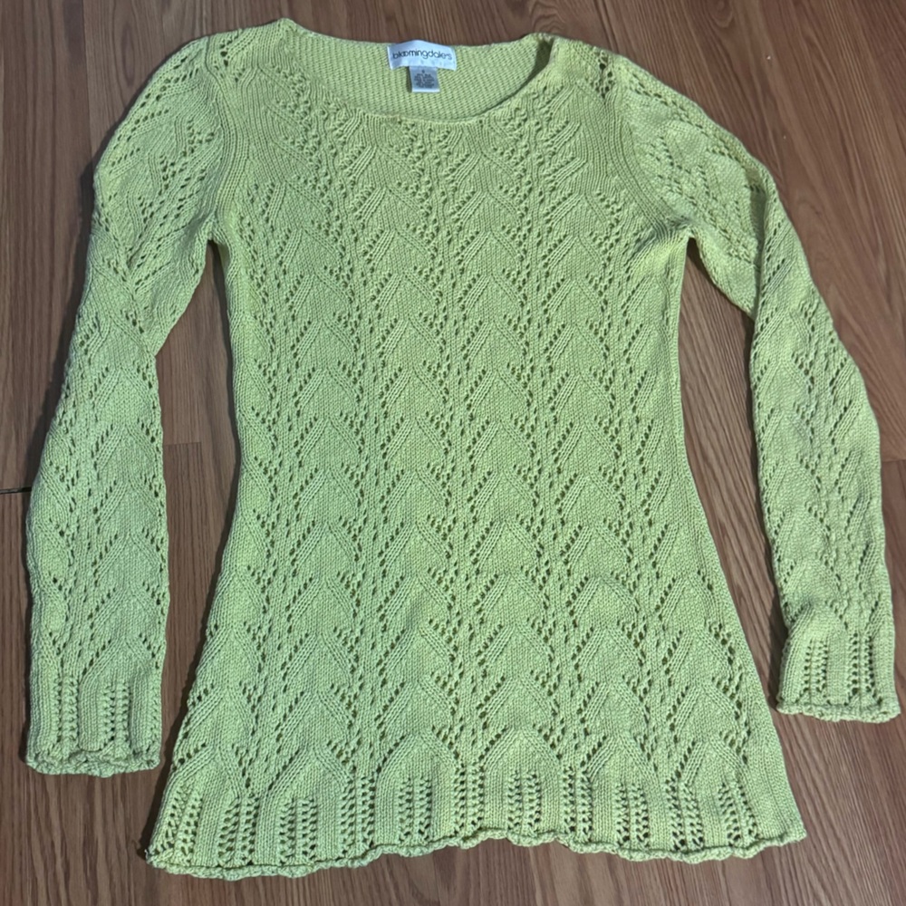 Vintage Y2k Bloomingdales Silk Lime Green Open‎ Knit Sweater Size S Retro 80’s